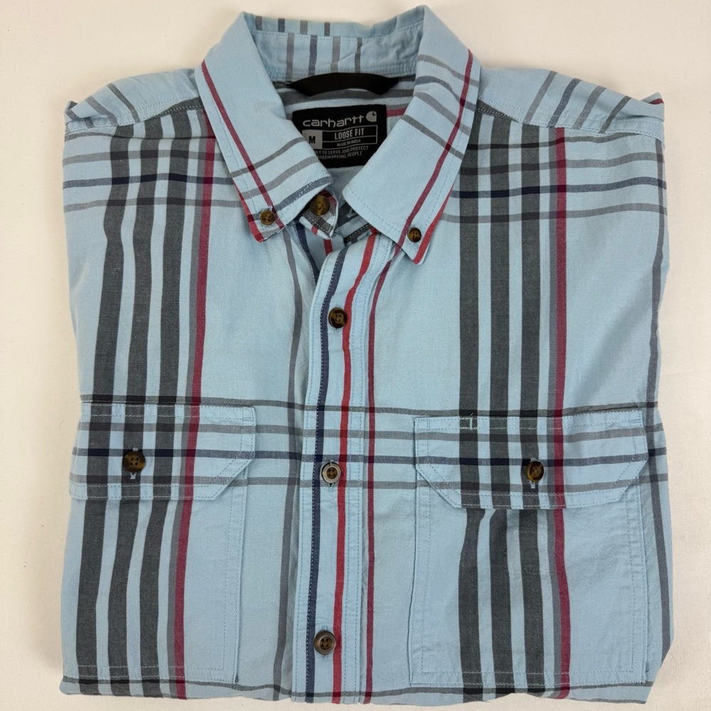 Carhartt Short Sleeve Button Down Shirt Blue Plaid Men’s Size Medium‎